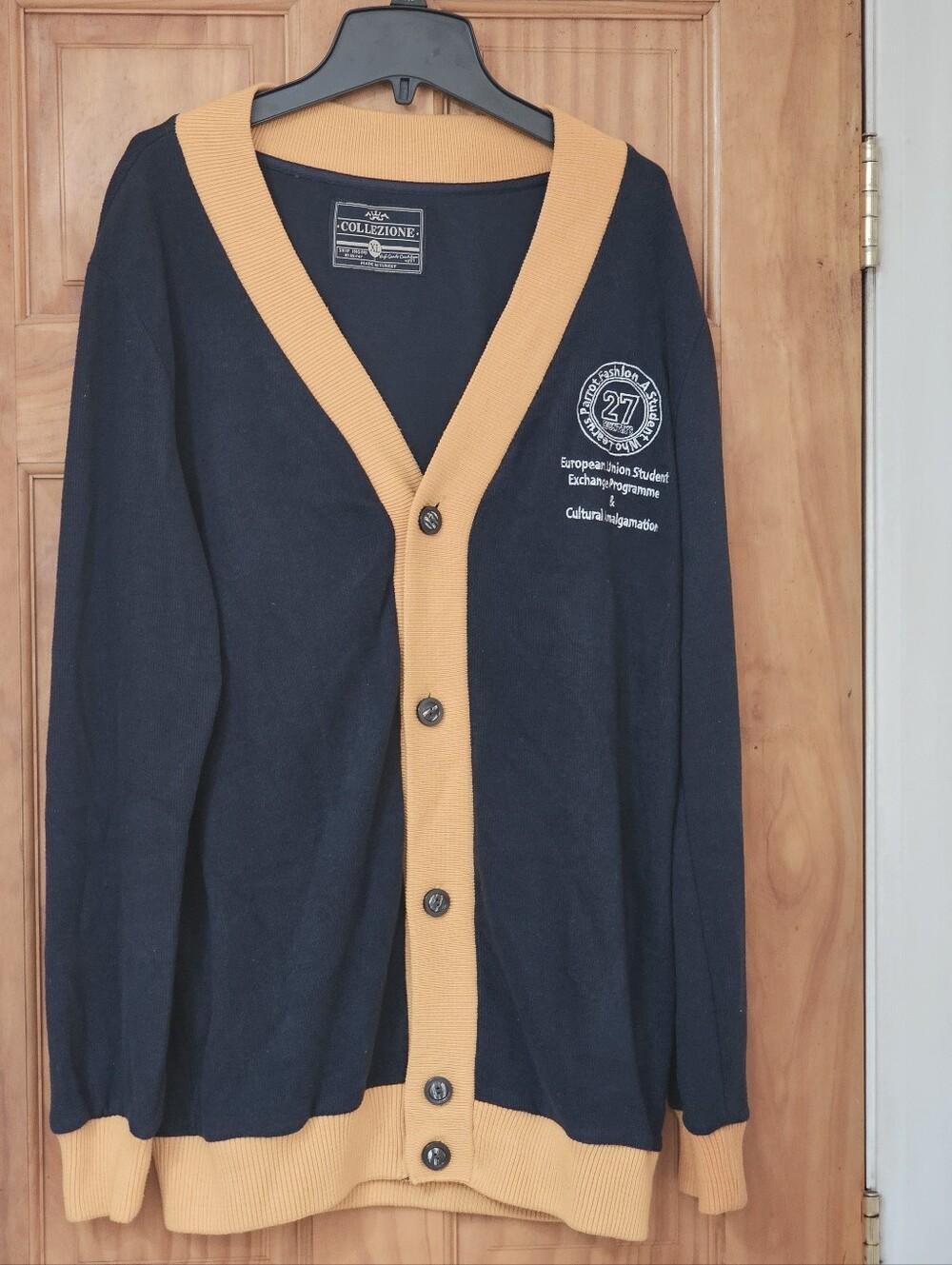 Collezione Navy & Mustard Contrast Button-Up Men’s Cardigan Sweater XL Vintage